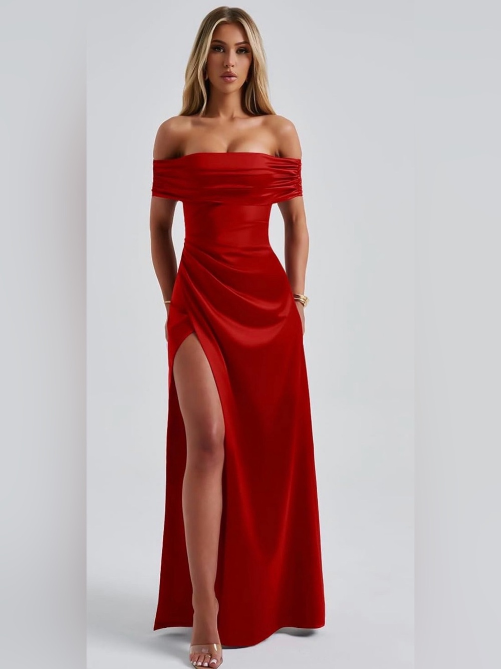 One-Shoulder Red Evening Gown with High Slit NWOT